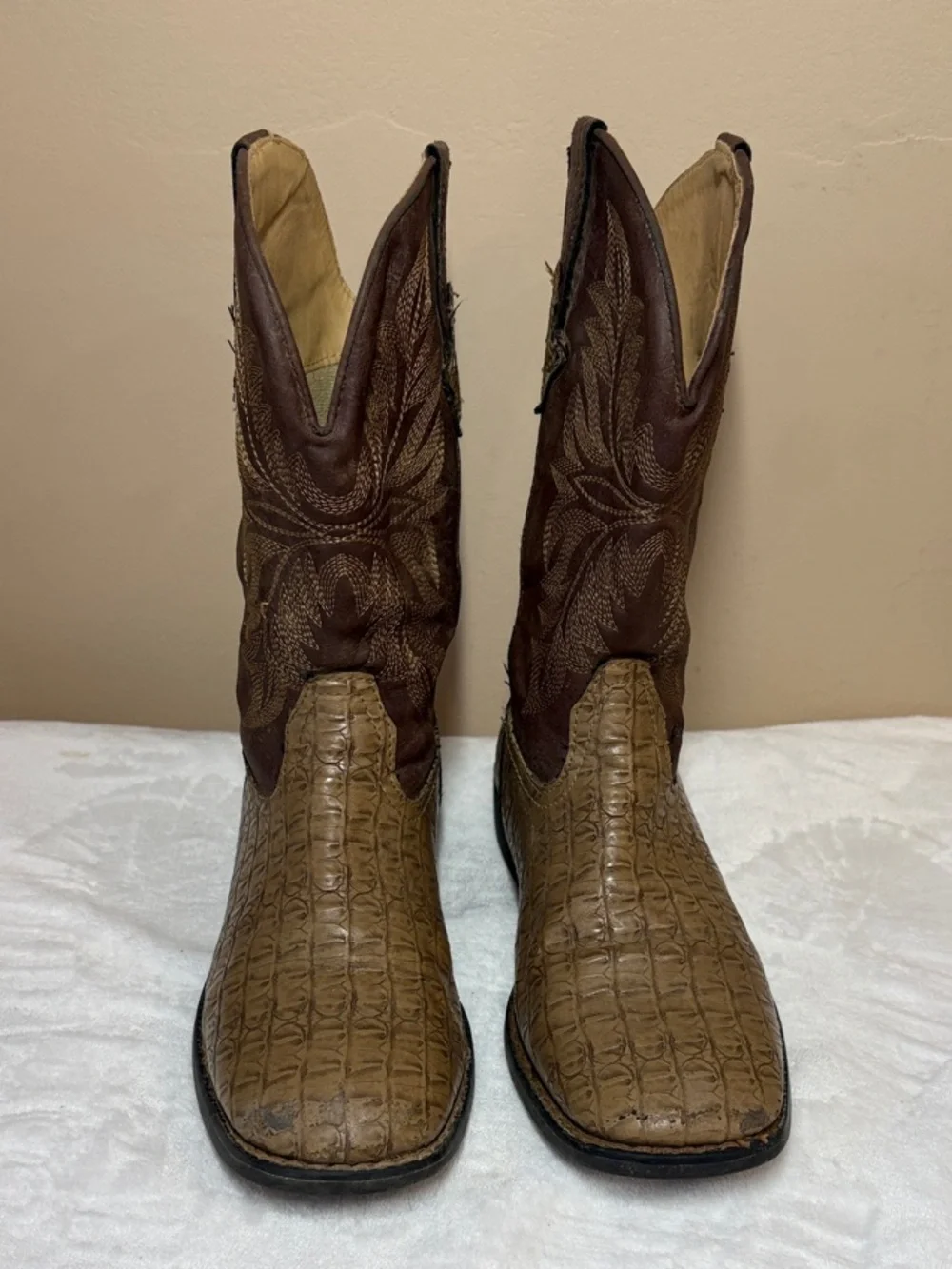 Kids’ Two-Tone Brown Western Cowboy Boots with Croc-Embossed Foot, 3
